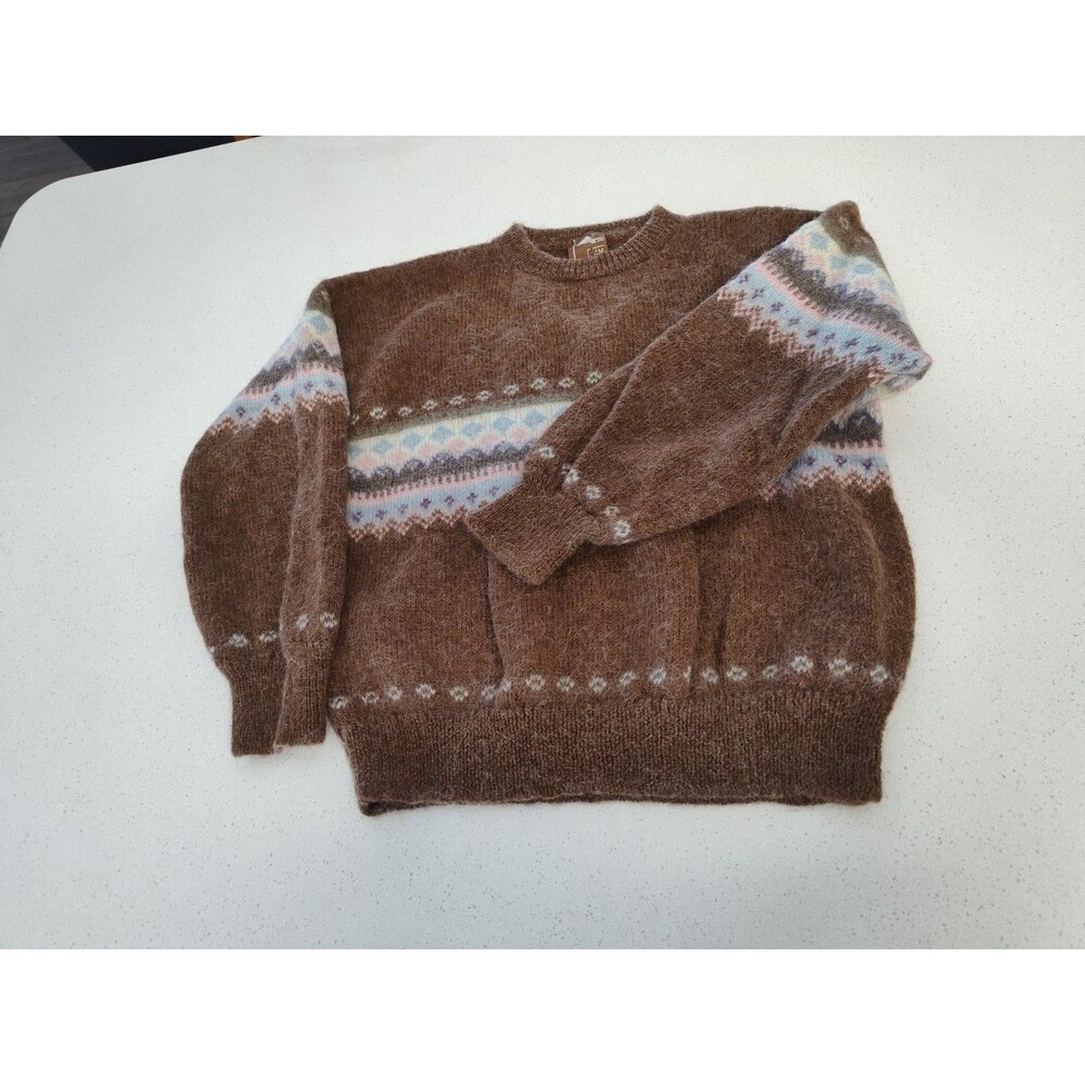 Alpaca Crewneck Pullover Sweater Cusco Peru Women's Medium Brown Pink Blue